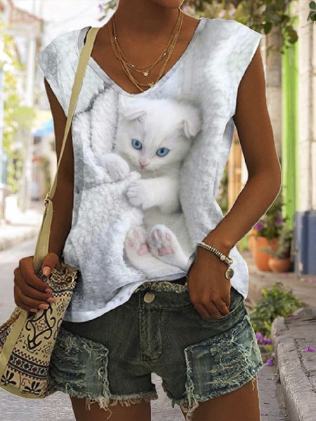 

Casual Regular Fit Cat Animal Top, Light gray, Shirts & Blouses