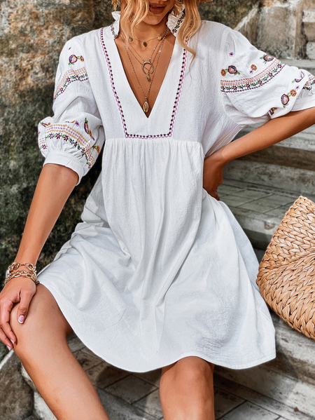 

Ethnic V Neck Embroidery Casual Dress, White, Dresses