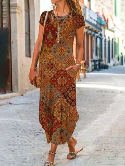 

Boho Ethnic Crew Neck Dress, Multicolor, Dresses