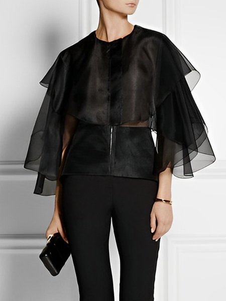 

Regular Fit Elegant Plain Crew Neck Blouse, Black, Blouses and Shirts
