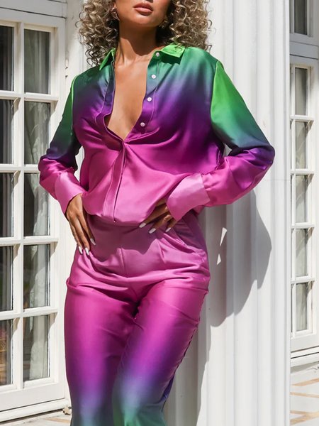 

Ombre Regular Fit Shirt Collar Elegant Long Sleeve Blouse, Multicolor, Blouses and Shirts