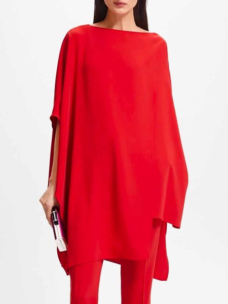 

Simple Crew Neck Loose Plain Top, Red, Blouses and Shirts