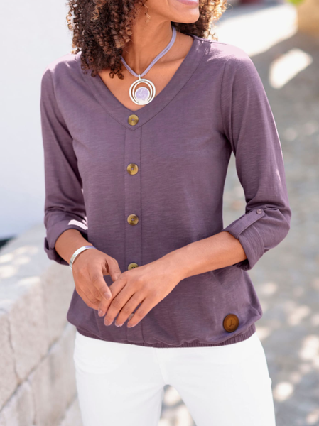 

Casual Cotton-Blend Plain Top, Purple, Tops