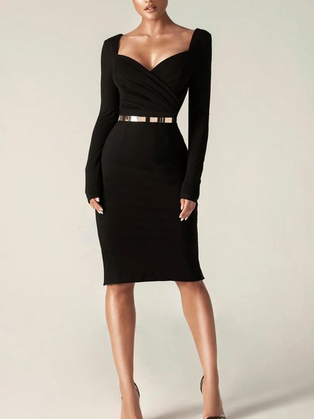 

Plain Tight Elegant Others Long sleeve Midi Dress, Black, Midi Dresses