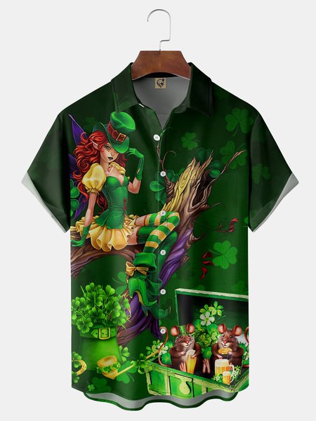 

St. Patrick's Day Elf Chest Pocket Short Sleeve Casual Shirt, Green, Men Shirts