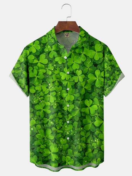 

St. Patrick's Day Clover Chest Pocket Short Sleeve Casual Shirt, Green, Men Shirts