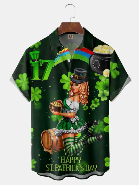 

St. Patrick's Day Belle Chest Pocket Short Sleeve Casual Shirt, Green, Men Shirts