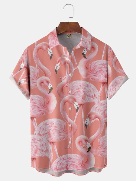

Flamingo Chest Pocket Short Sleeve Hawaiian Shirt, Pink, Men Shirts