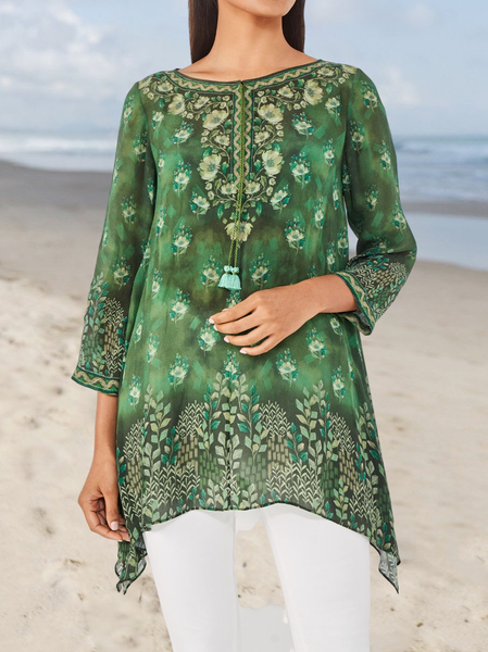 

Vacation Ethnic Regular Fit V Neck Boho Top, Green, Shirts & Blouses
