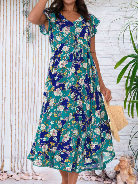 

Boho Floral V Neck Regular Fit Dress, Blue, Dresses