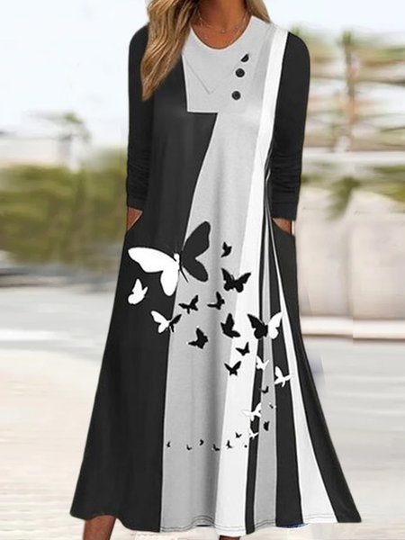 

Crew Neck Loose Casual Butterfly Dress, Black, Dresses