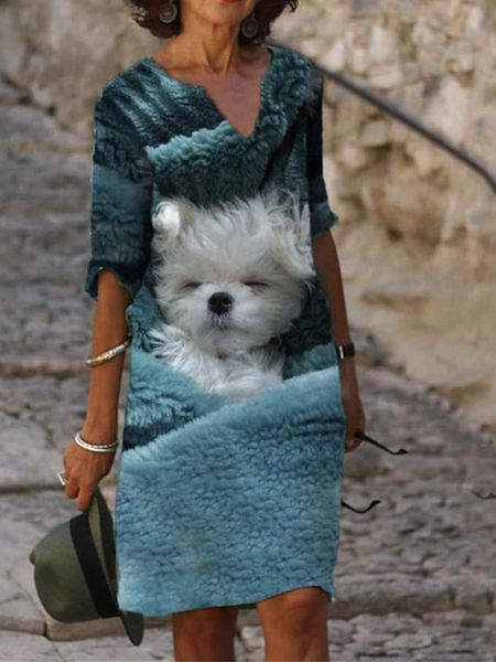 

V Neck Dog Regular Fit Casual Dress, Blue, Dresses