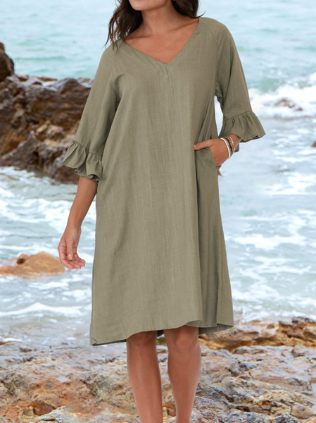 

Plain V Neck Regular Fit Casual Cotton And Linen Dress, Green, Dresses