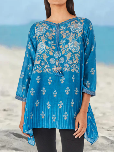 

Vintage Ethnic Regular Fit V Neck Top, Blue, Shirts & Blouses