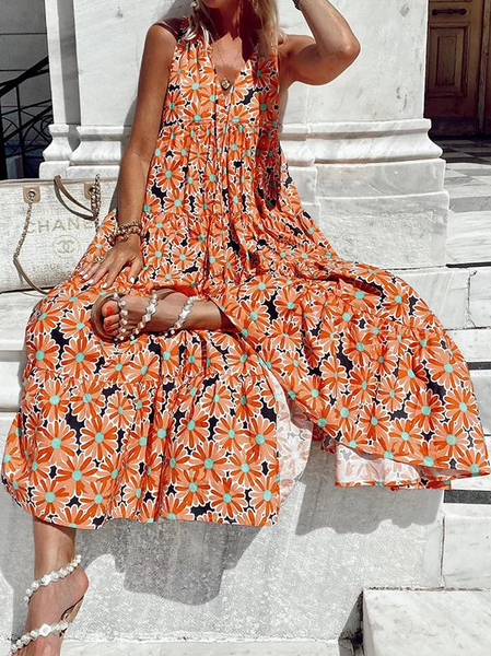 

Casual Loose Floral V Neck Dress, Orange, Dresses