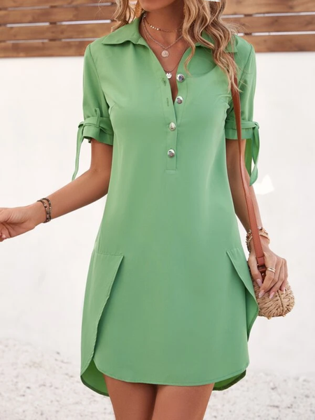 

Plain Casual V Neck Cotton-Blend Dress Shirt Dress, Green, Dresses