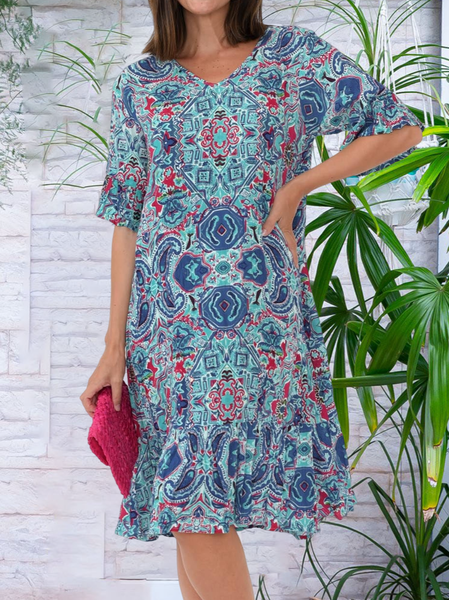 

Regular Fit Floral V Neck Boho Dress, Blue, Dresses
