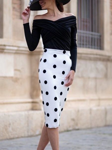 

Polka Dots Tight Cold Shoulder Elegant Midi Dress, Black-white, Midi Dresses