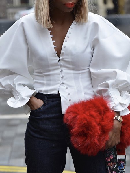 

V Neck Tight Elegant Long Sleeve Plain Blouse, White, Blouses and Shirts