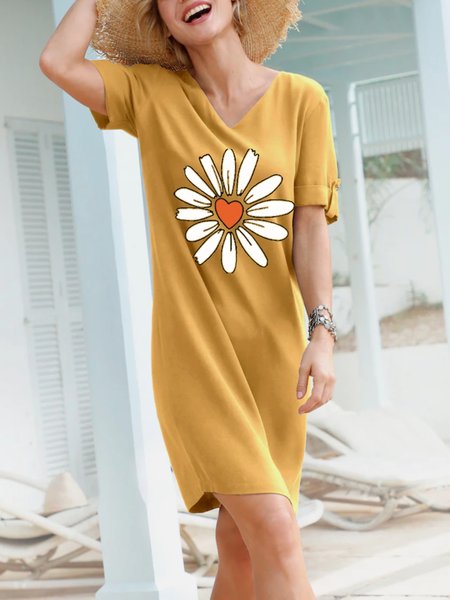 

Linen Boho V Neck Loose Dress, Yellow, Mini Dresses