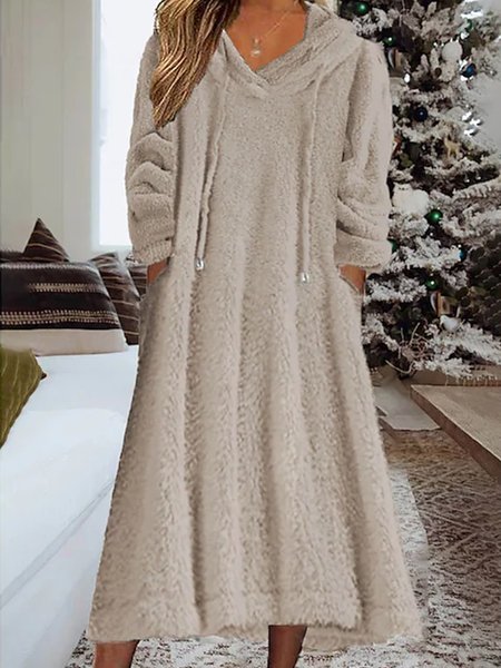 

Casual Plain Winter Loose Drawstring Fluff/Granular Fleece Fabric Hoodie Dress, Brown, Midi Dresses