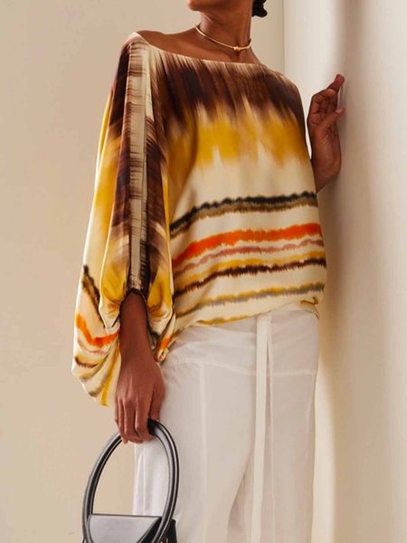 

Vacation Boat Neck Loose Striped Blouse, Yellow, Blouses and Shirts