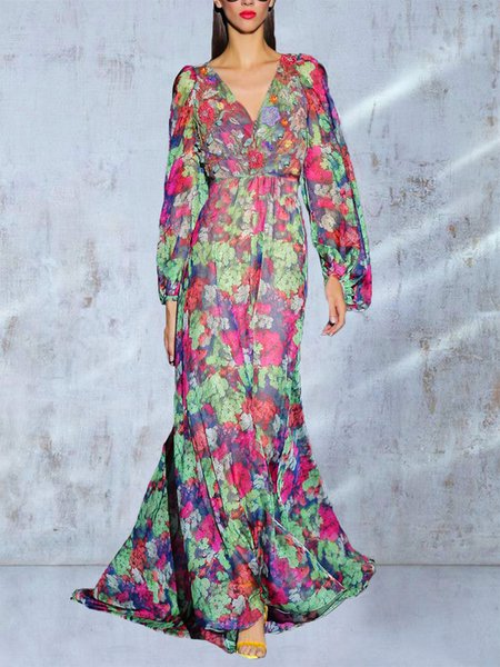 

Vacaton Long Sleeve Regular Fit Floral Maxi Dress, Multicolor, Maxi Dresses