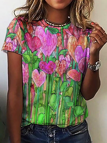 

Women's Heart And Plants Simple T-Shirt, Pink, T-shirts