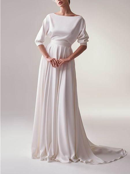 

Plain Satin Regular Fit Elegant Wedding Party Dress, White, Maxi Dresses