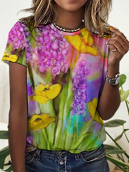 

Women’s Plant Floral Pattern Crew Neck Casual T-Shirt, As picture, T-shirts