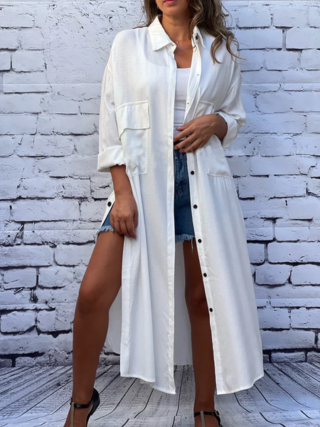 

Buttoned Casual Shirt Collar Loose Dress, White, Maxi Dresses
