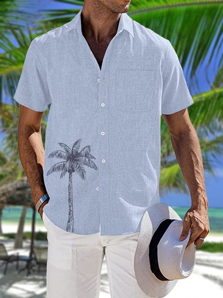 

Coconut Tree Chest Pocket Short Sleeve Resort Shirt, Blue, Men Shirts