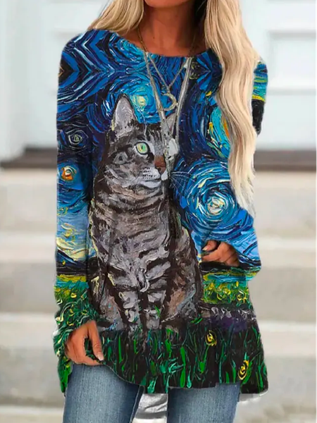 

Cat Loose Crew Neck Casual T-Shirt, Blue, T-Shirts