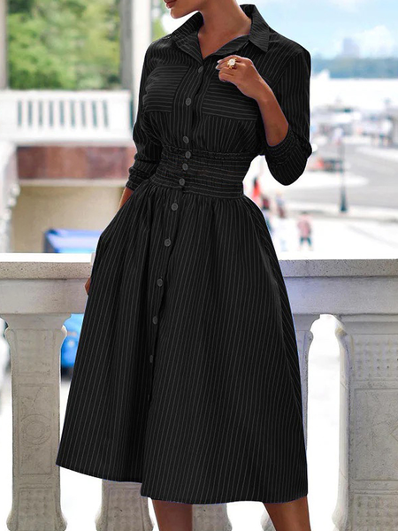 

Regular Fit Elegant Long sleeve Striped Midi Dress, Black, Midi Dresses