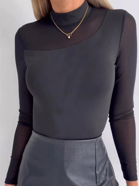

High Elasticity Tight Urban Plain Stand Collar Long sleeve T-Shirt, Black, Tees