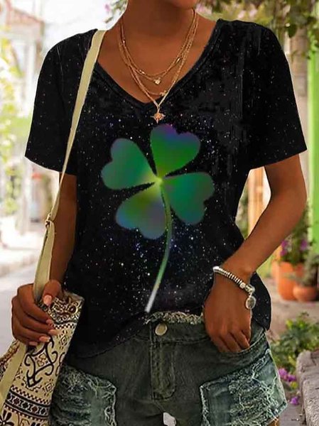 Casual Regular Fit V Neck Four-Leaf Clover T-Shirt, Black, T-Shirts