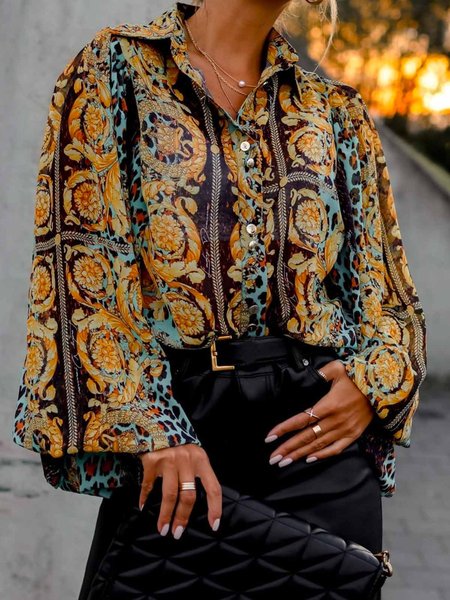 

Shirt Collar Loose Print Elegant Blouse, Yellow, Blouses and Shirts