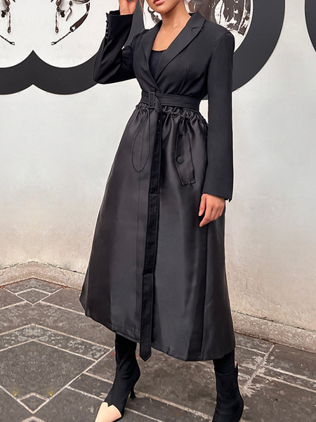 

Plain Elegant Loose Long sleeve Lapel Collar Mid-long Trench Coat, Black, Coats