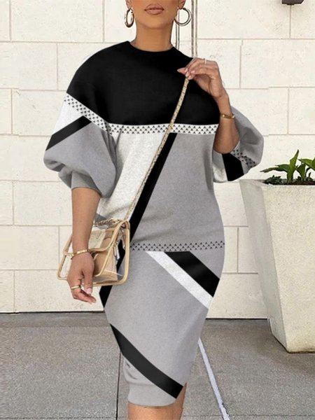 

Casual Geometric Crew Neck Midi Dress, Black-grey, Midi Dresses