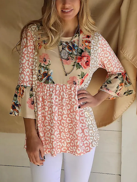 

Crew Neck Casual Leopard Flare Sleeve T-Shirt, Multicolor, T-Shirts