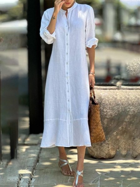 

JFN Cotton & Linen Casual Plain Dress, White, Dresses