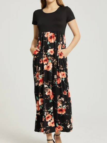 Crew Neck Floral Casual Regular Fit Dress, Black, Dresses