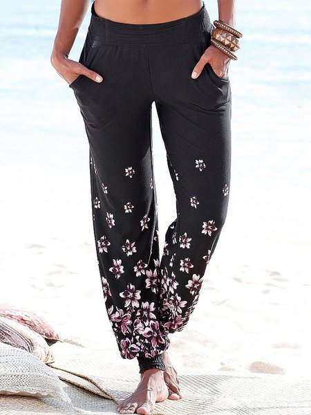 

Floral Loose Casual Pants, Black, Pants