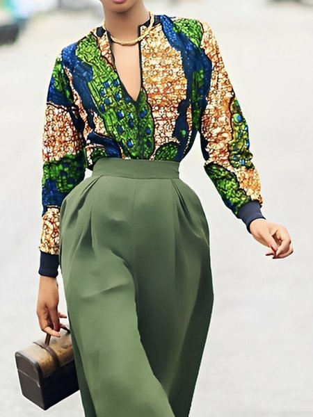 

Urban Notched Abstract Regular Fit Long Sleeve Blouse, Green, Blouses and Shirts