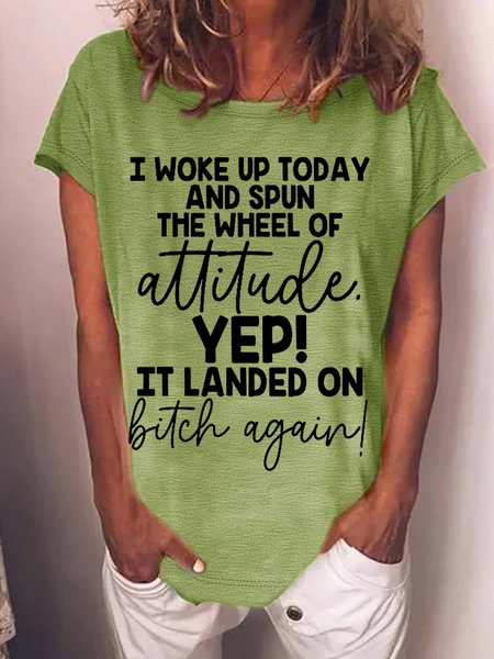 

Women's The Wheel Of Attitude Letters Casual T-Shirt, Green, T-shirts