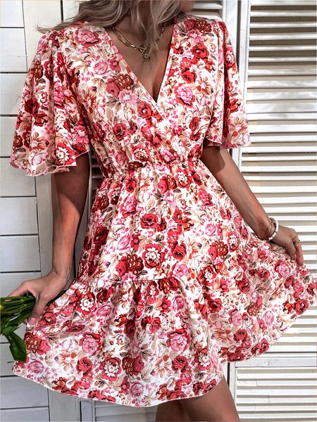 

Casual V Neck Floral Loose Dress, Red, Dresses