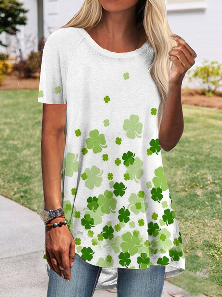 

Women's Crew Neck Four-Leaf Clover Knitted Casual Top, Green, Shirts & Blouses