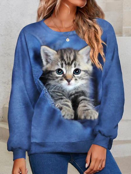 

Crew Neck Casual Cat Loose Top, Blue, Tops