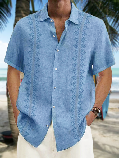 

Stripe Plant Flower Short Sleeve Casual Shirt, As picture, Men Shirts