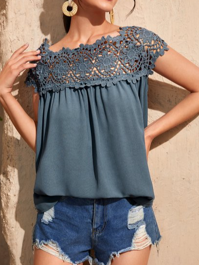 

Lace Casual Stand Collar Plain Top, Cyan, Shirts & Blouses